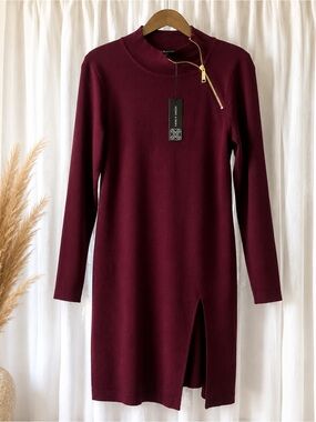 Cable & Gauge NWT Burgundy Mock Neck Sweater Dress Front Slit Tunic Size M